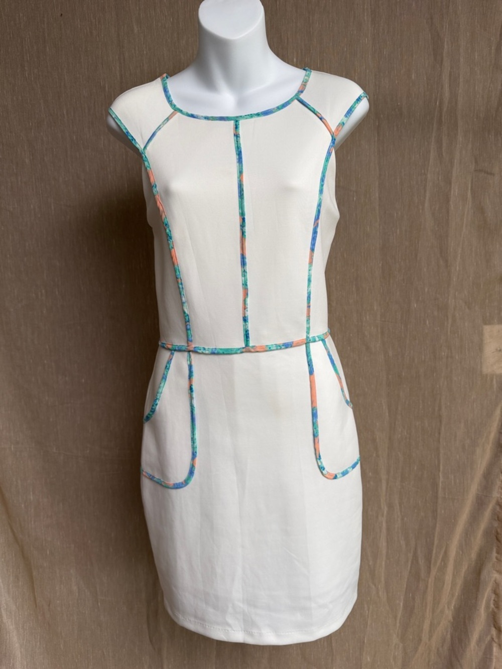 Fable Cream Mini Dress with Multicolor Blue-Green and Peach Trim